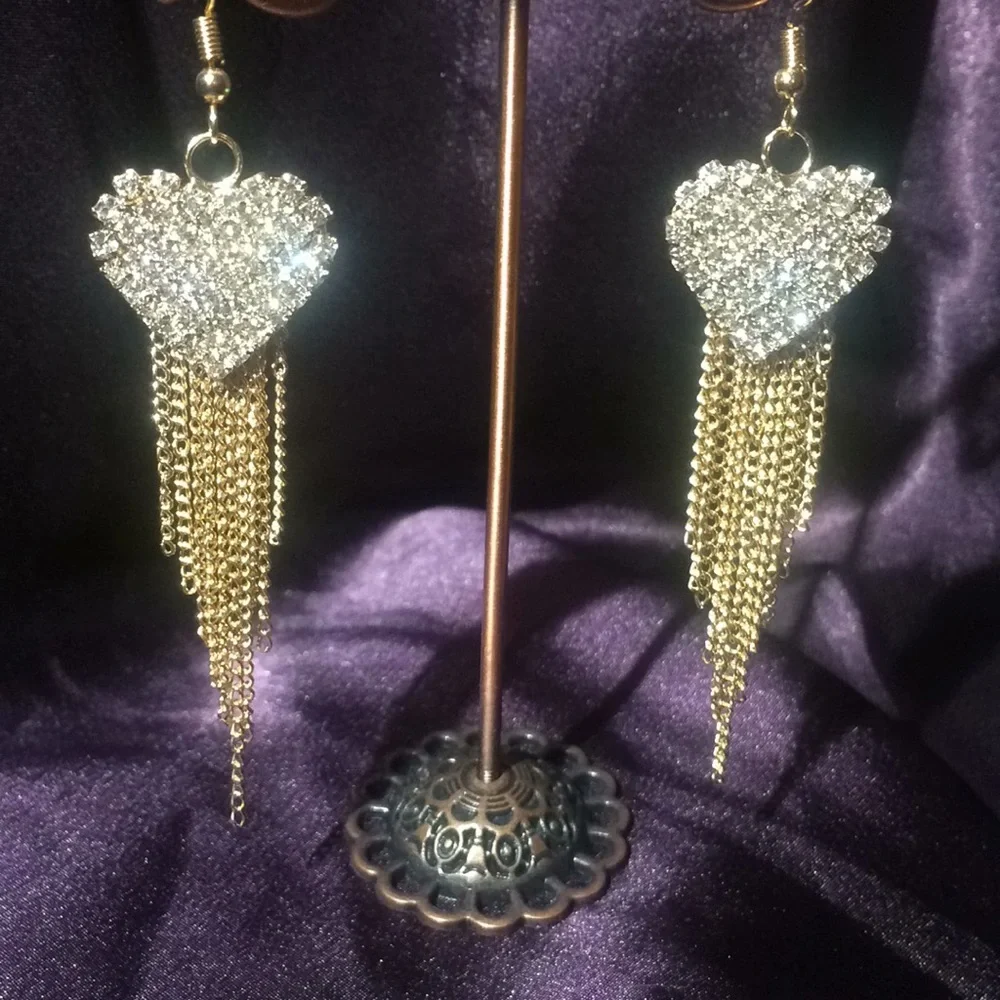 Gold Heart Rhinestone Hollywood Glamour Earrings
